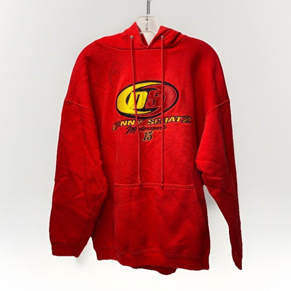 VTG Y2K SIGNED AUTOGRAPHED DONNY SCHATZ Racing Red Hoodie Sweatshirt #15 Sz L